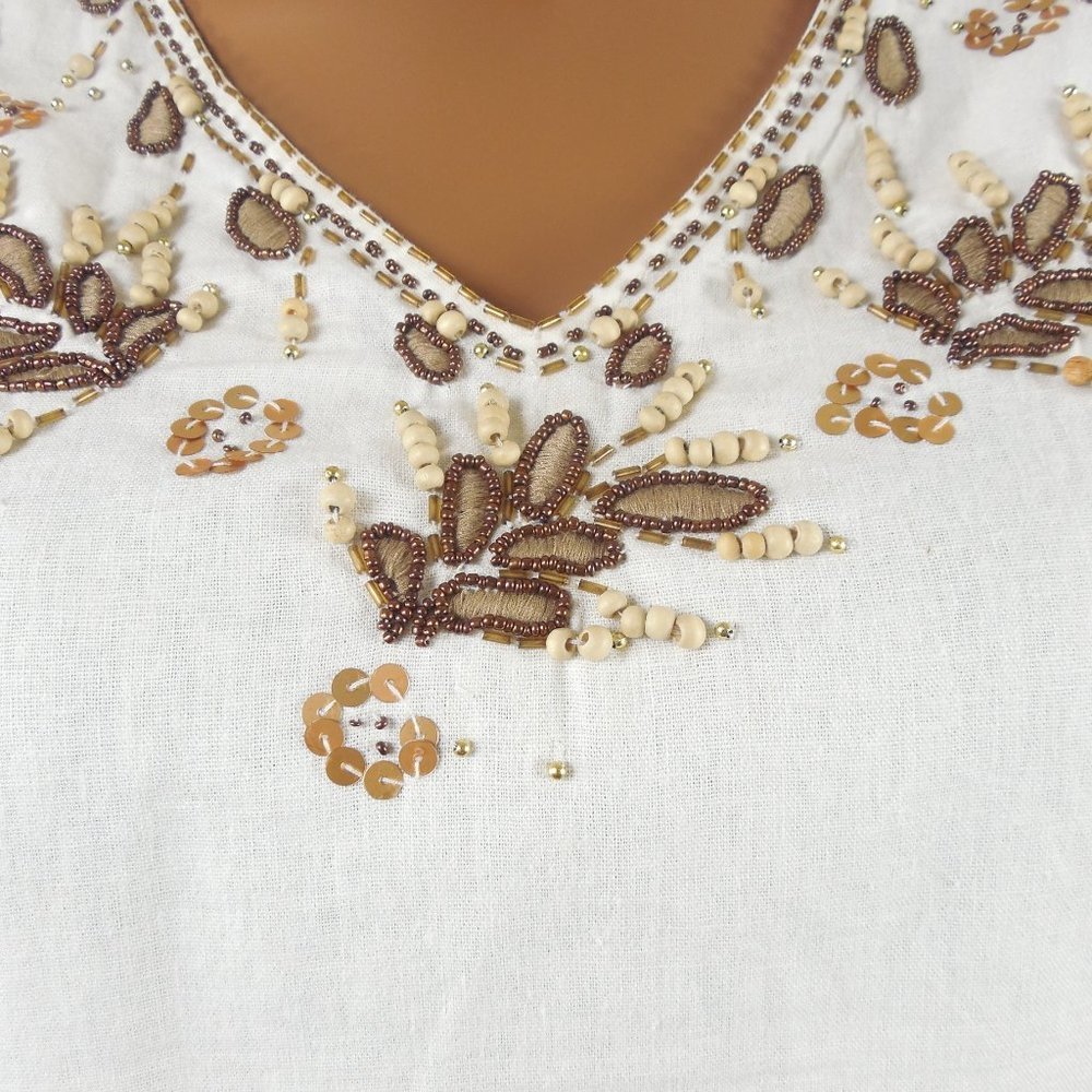 ANNE CARSON Top 2X Linen Blouse Ivory V-Neck Brown Embroidery Leaves Wood Beads - Picture 3 of 10